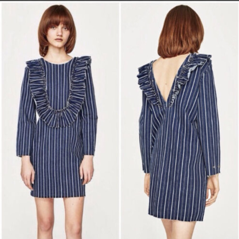Zara M Women's Blue Striped Denim Ruffle Boho Dress